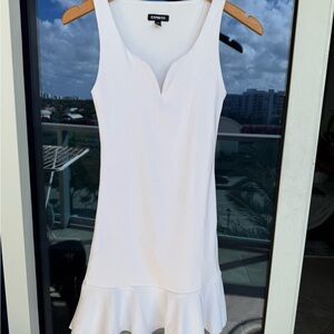 Express White Mini Sheath Dress with Ruffled Hem for Cocktail